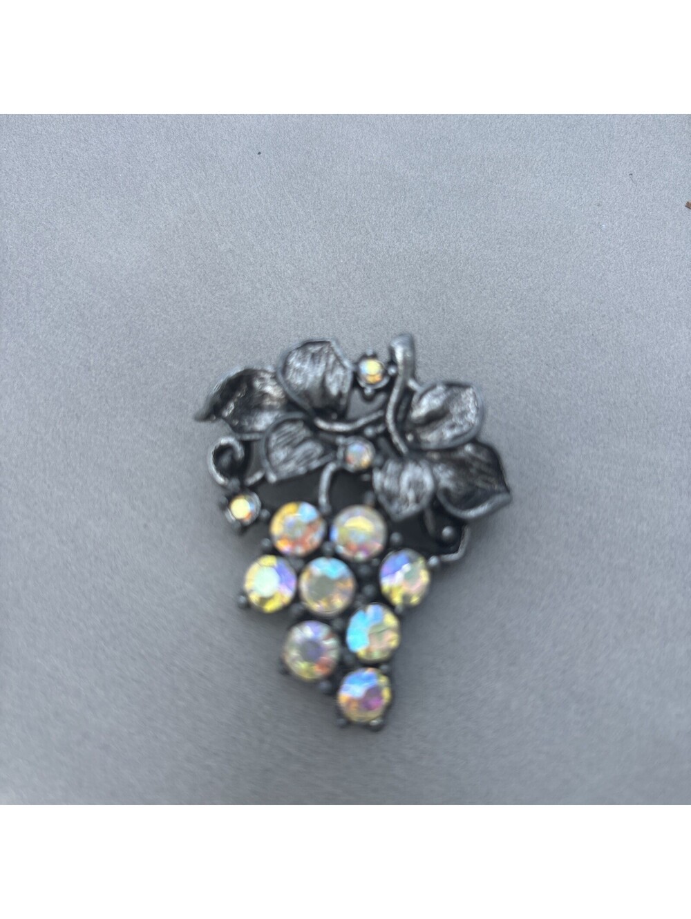 Vintage Pewter color metal Aurora Borealis crystal rhinestones Grape pin brooch